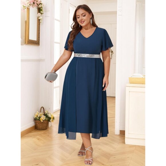 Women Plus Size Chiffon Formal Evening Gown with Sequins V-Neck 5X - Picture 5 of 9